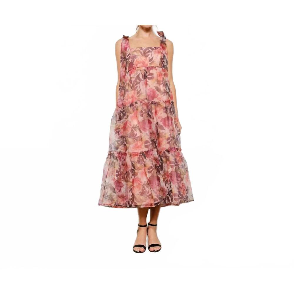 NEW INA FASHION organza floral tiered midi dress in pink